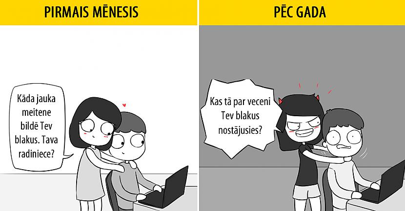 Autors: matilde 12 komiksi par to, kā izskatās romantiskās attiecības pirmajā mēnesī un pēc gada